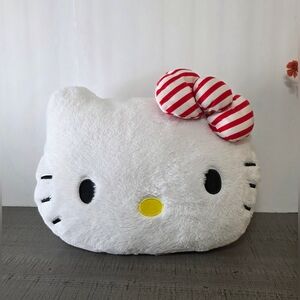 Hello Kitty White Plush Face Pillow with Red Striped Bow